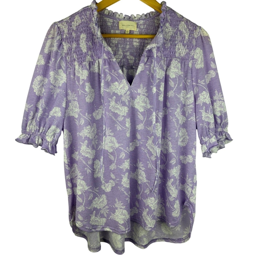 Lavender Floral Smocked Peasant Blouse Boho Cottagecore Ruffle Top L - Picture 2 of 7